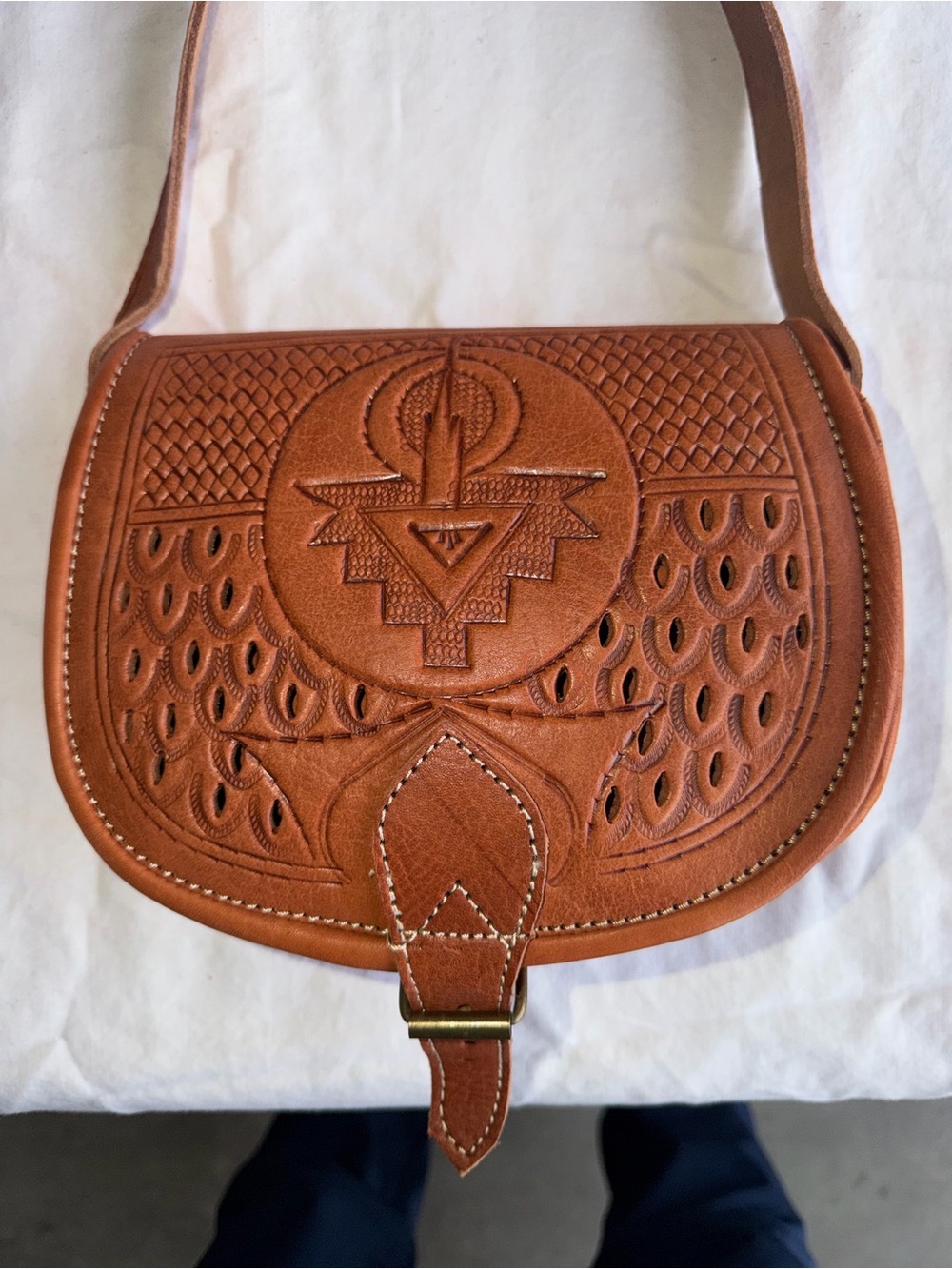 Leather Tooled Saddle Bag – Brown
